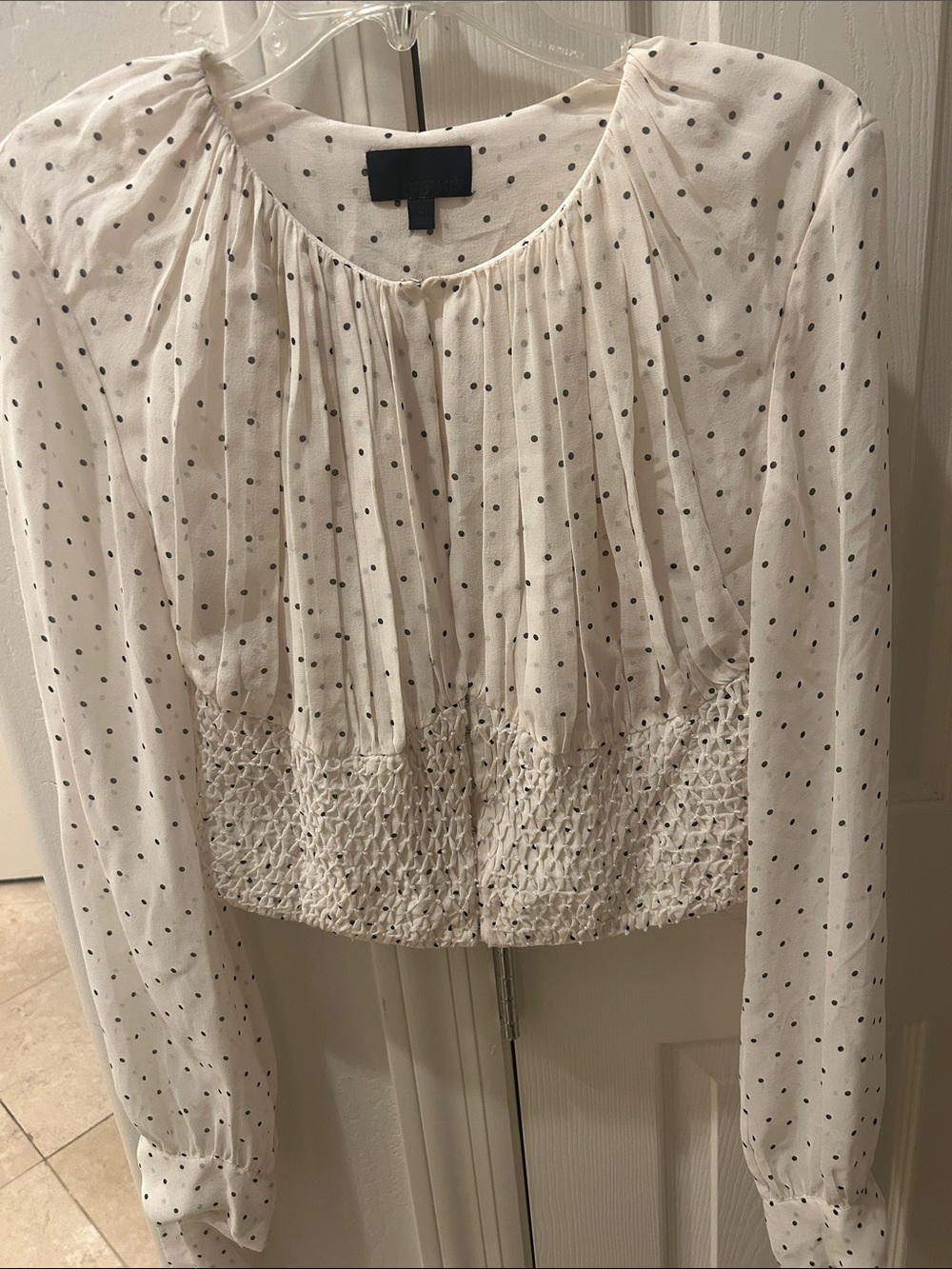 Polka Dot Smocked Waist Long-Sleeve Top - White/Black